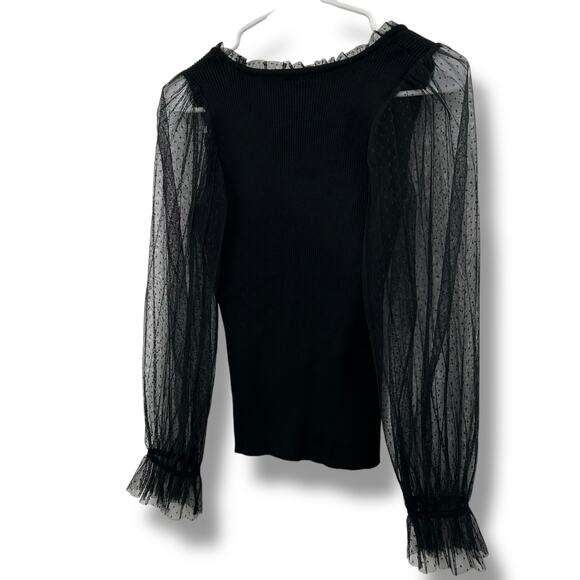 NEW BCX Black Mesh Clip Dot Top Size Small Long Sleeve Ruffle Polka Dot Ribbed - Picture 7 of 10